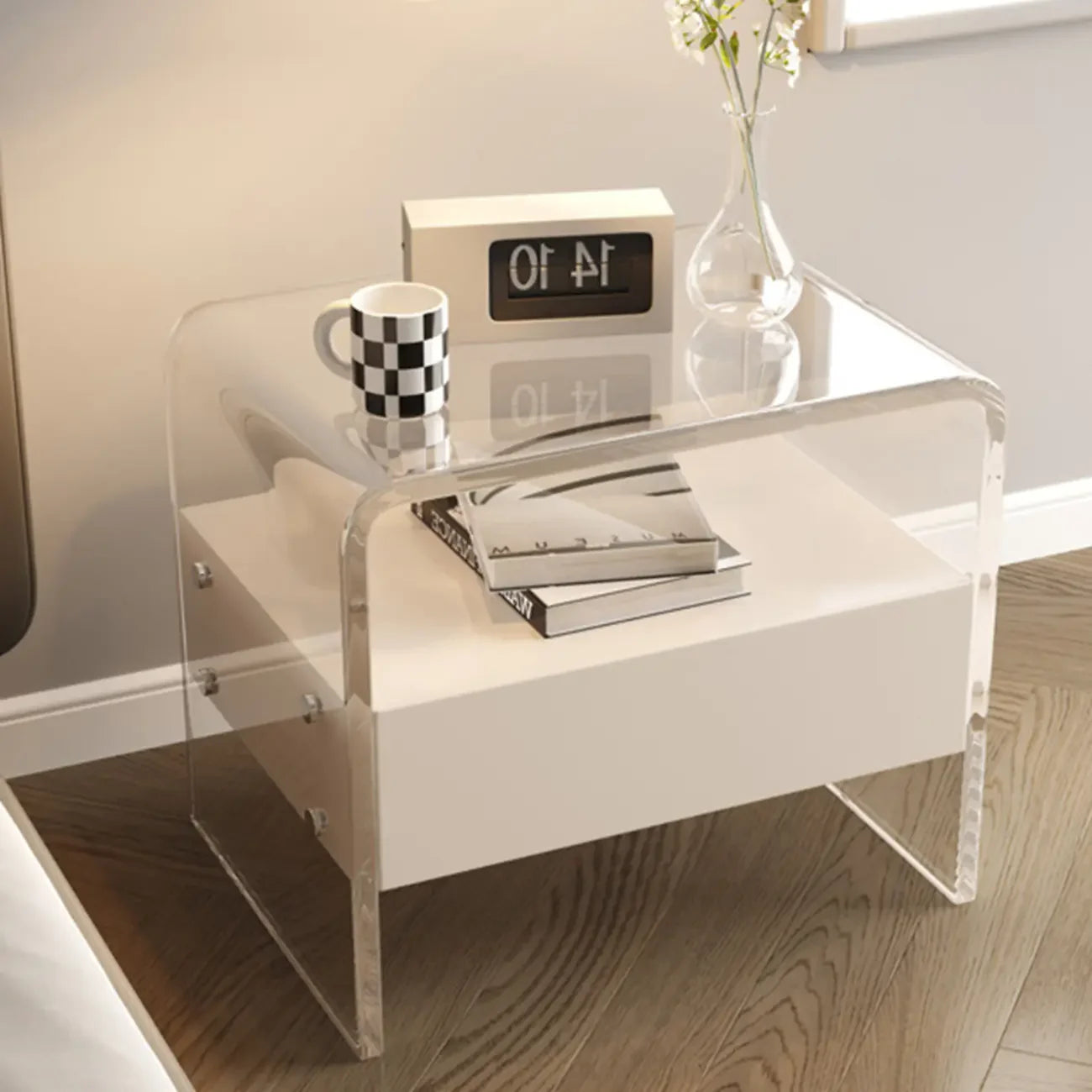 Table de chevet avec tiroir et cadre en acrylique blanc transparent