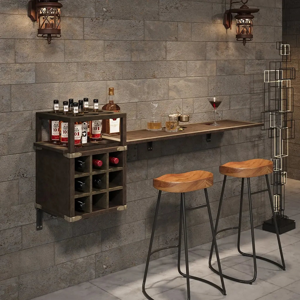 Comptoir de bar mural industriel avec casier à vin