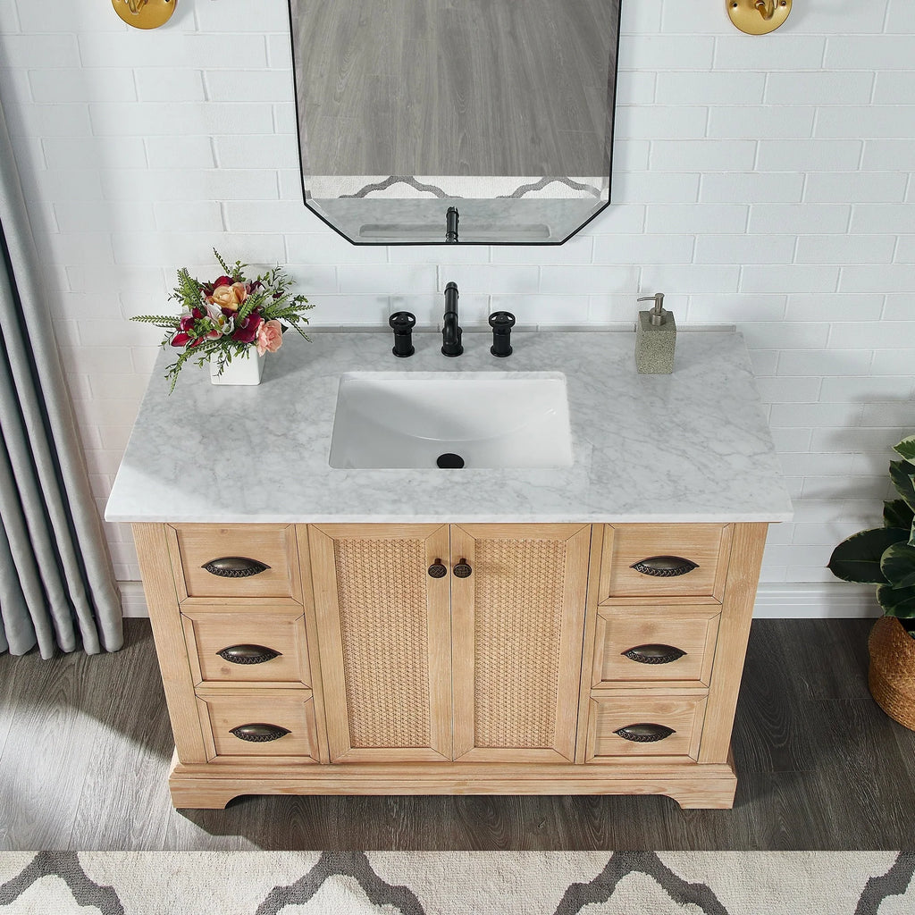 Meuble-lavabo Hervas avec plateau en marbre naturel, sans miroir.
