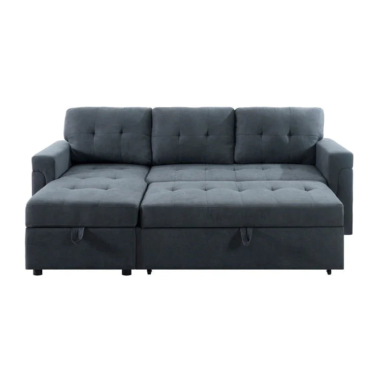 Canapé d'angle convertible et réversible avec lit gigogne, méridienne de rangement dissimulée et pieds robustes.