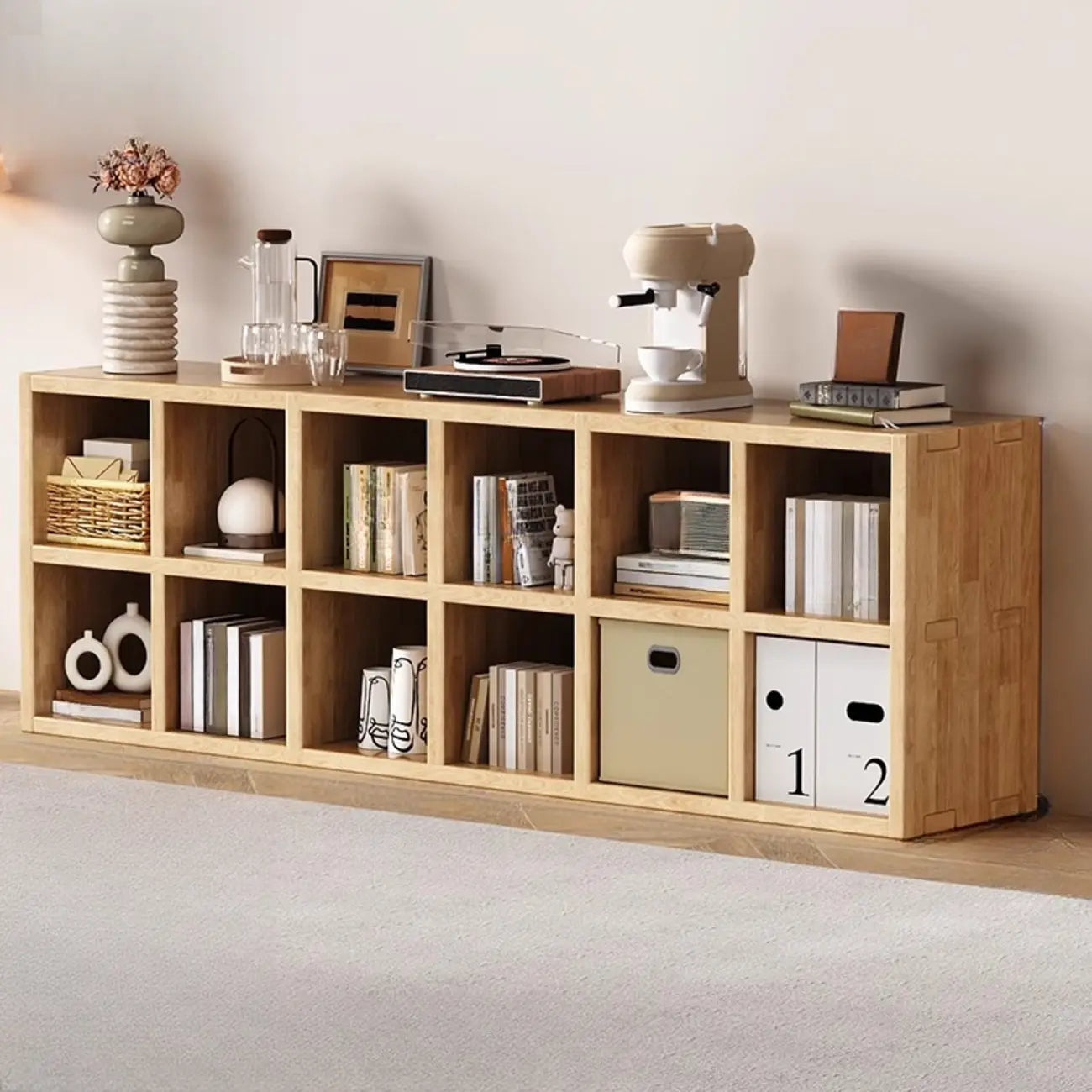 Bibliothèque horizontale moderne en bois à 8 cubes, finition naturelle