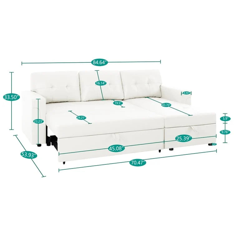 Canapé d'angle convertible et réversible avec lit gigogne, méridienne de rangement dissimulée et pieds robustes.