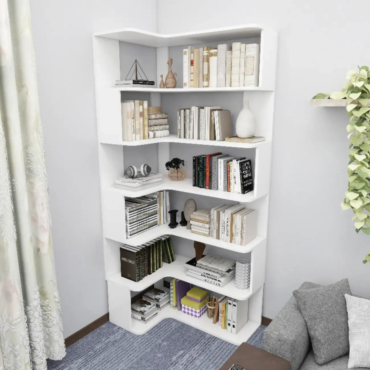 Bibliothèque d'angle en bois composite à 6 étagères