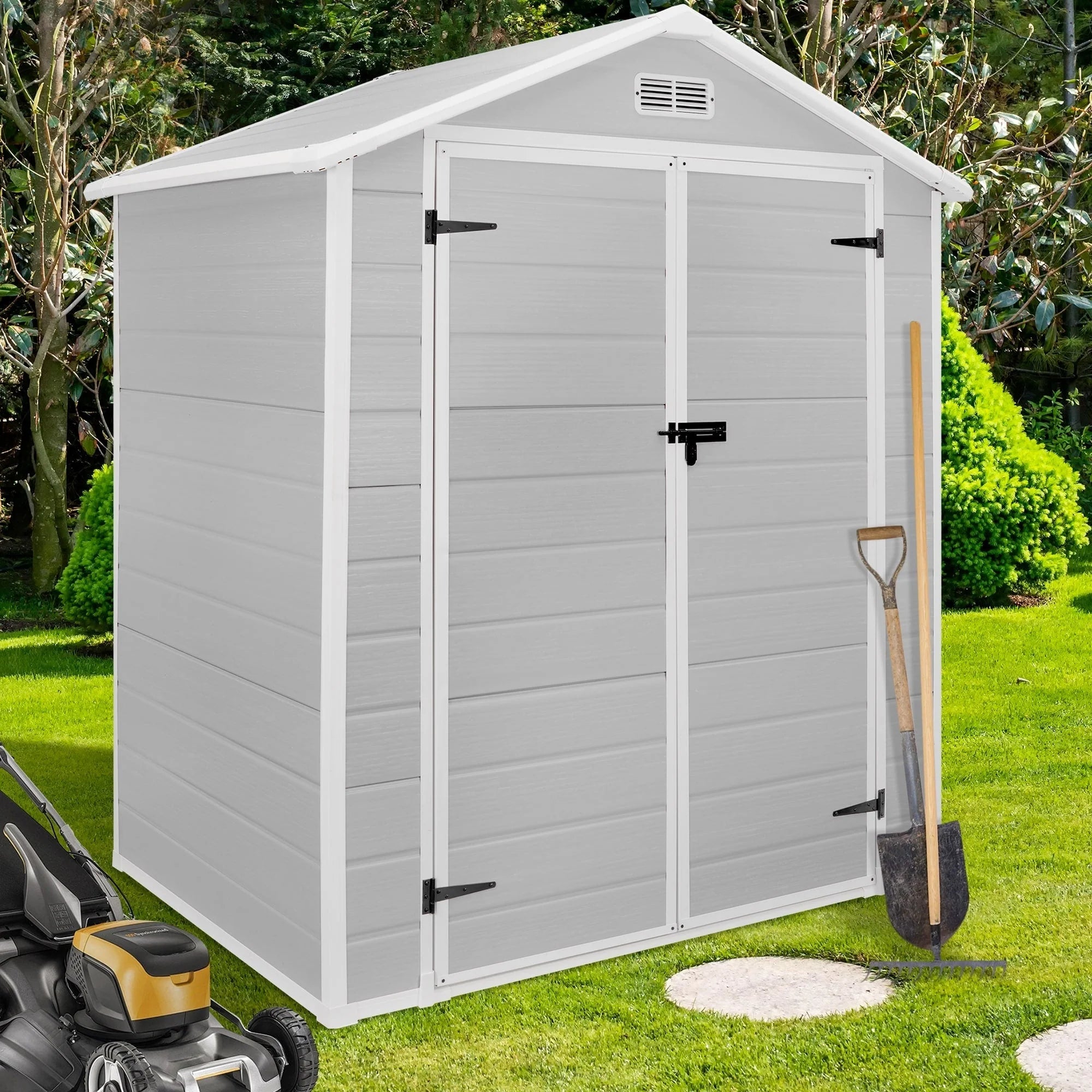 Casetta da giardino in resina per esterni, in plastica, resistente alle intemperie, con pavimento, 183x122 cm/183x244 cm/244x183 cm/244x305 cm, Spire Tool Shed