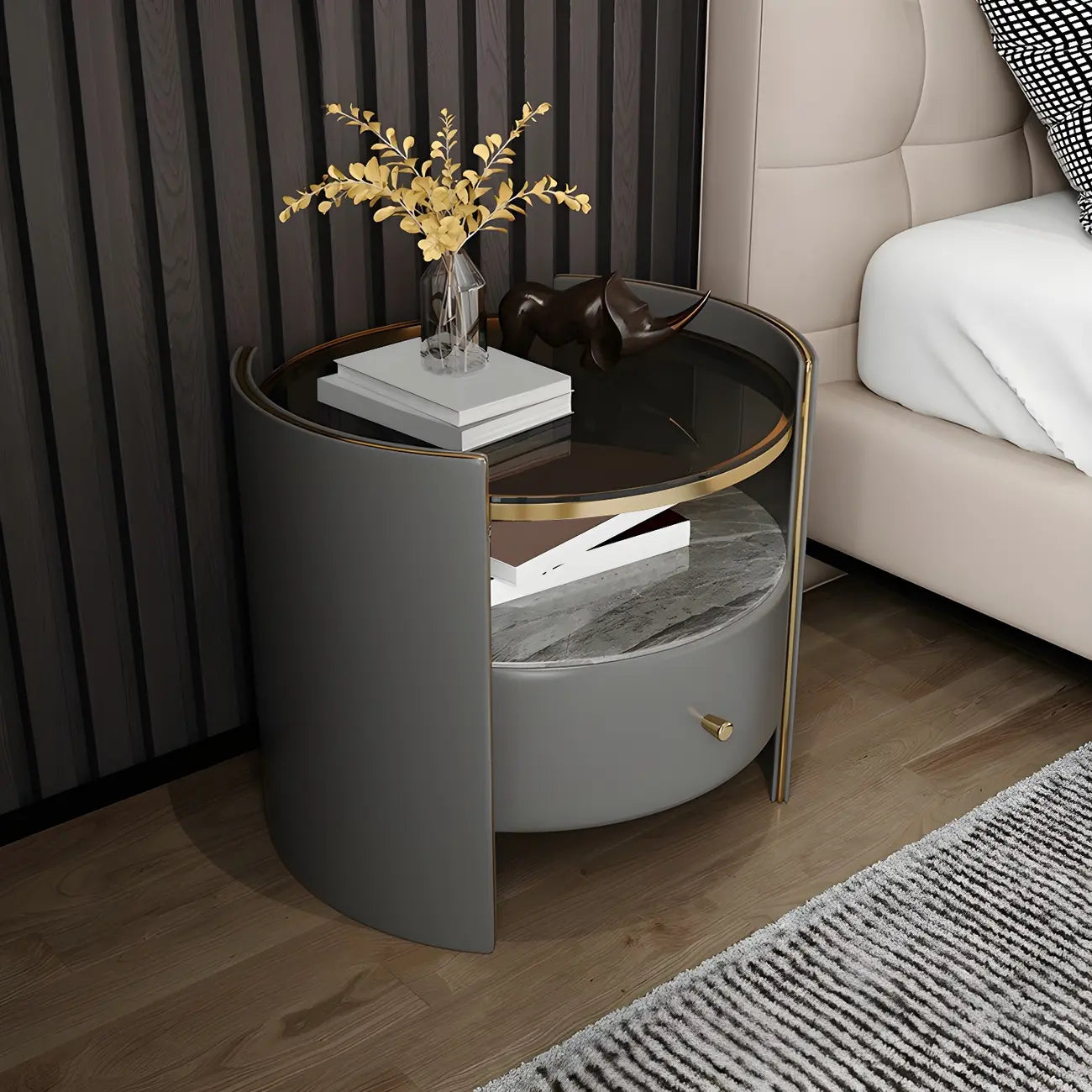 Table de chevet de luxe avec plateau en verre, tiroir de rangement et niche ouverte