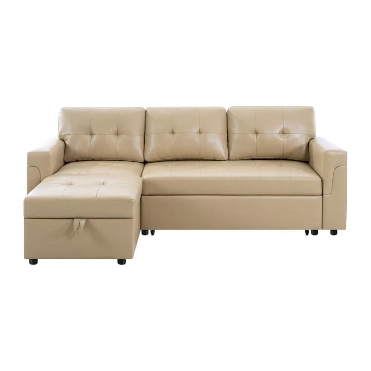 Canapé d'angle convertible et réversible avec lit gigogne, méridienne de rangement dissimulée et pieds robustes.
