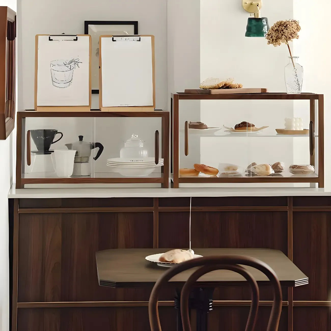 Élégante vitrine de table en bois avec portes coulissantes