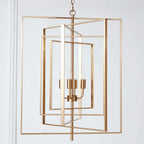 Lustre moderne rectangulaire en métal doré à structure cage