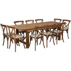 Set tavolo da fattoria pieghevole rustico 8 x 40 con 10 sedie a croce e cuscini