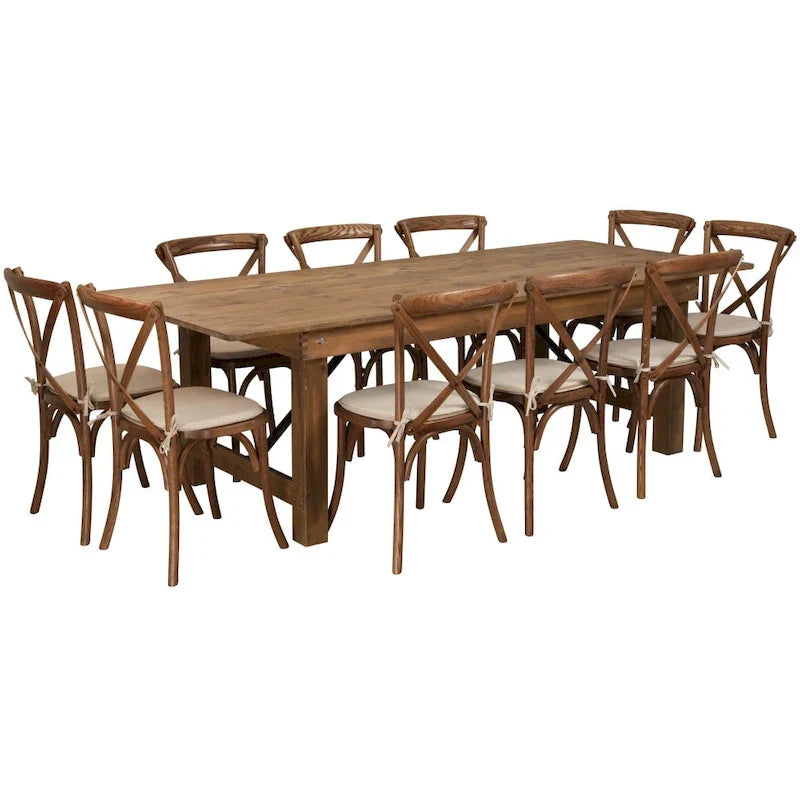 Set tavolo da fattoria pieghevole rustico 8 x 40 con 10 sedie a croce e cuscini
