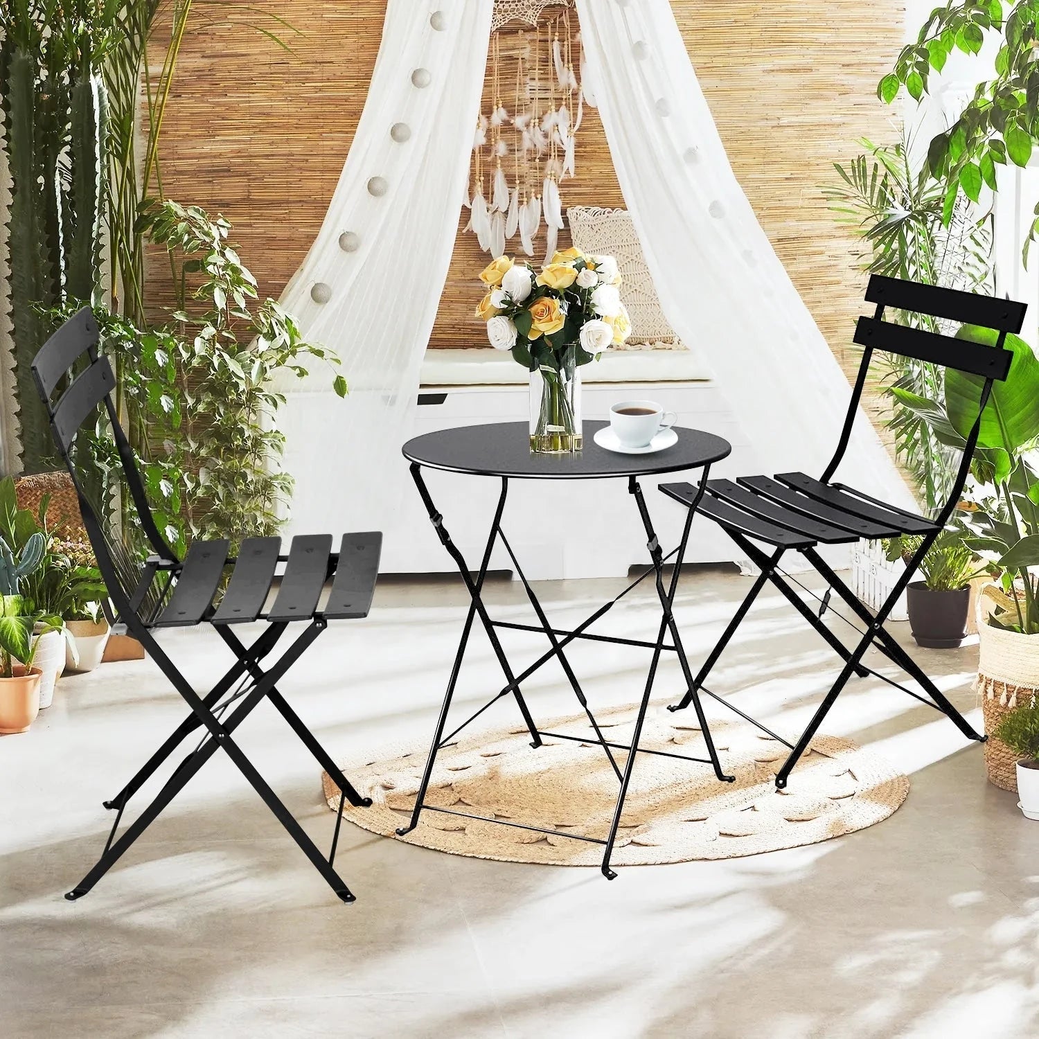 Set bistro pieghevole in metallo da 3 pezzi, set conversazione resistente alle intemperie per esterni/interni, per patio, cortile, giardino