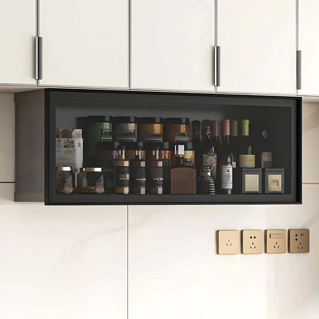 Vitrine de cuisine suspendue en métal gris et verre