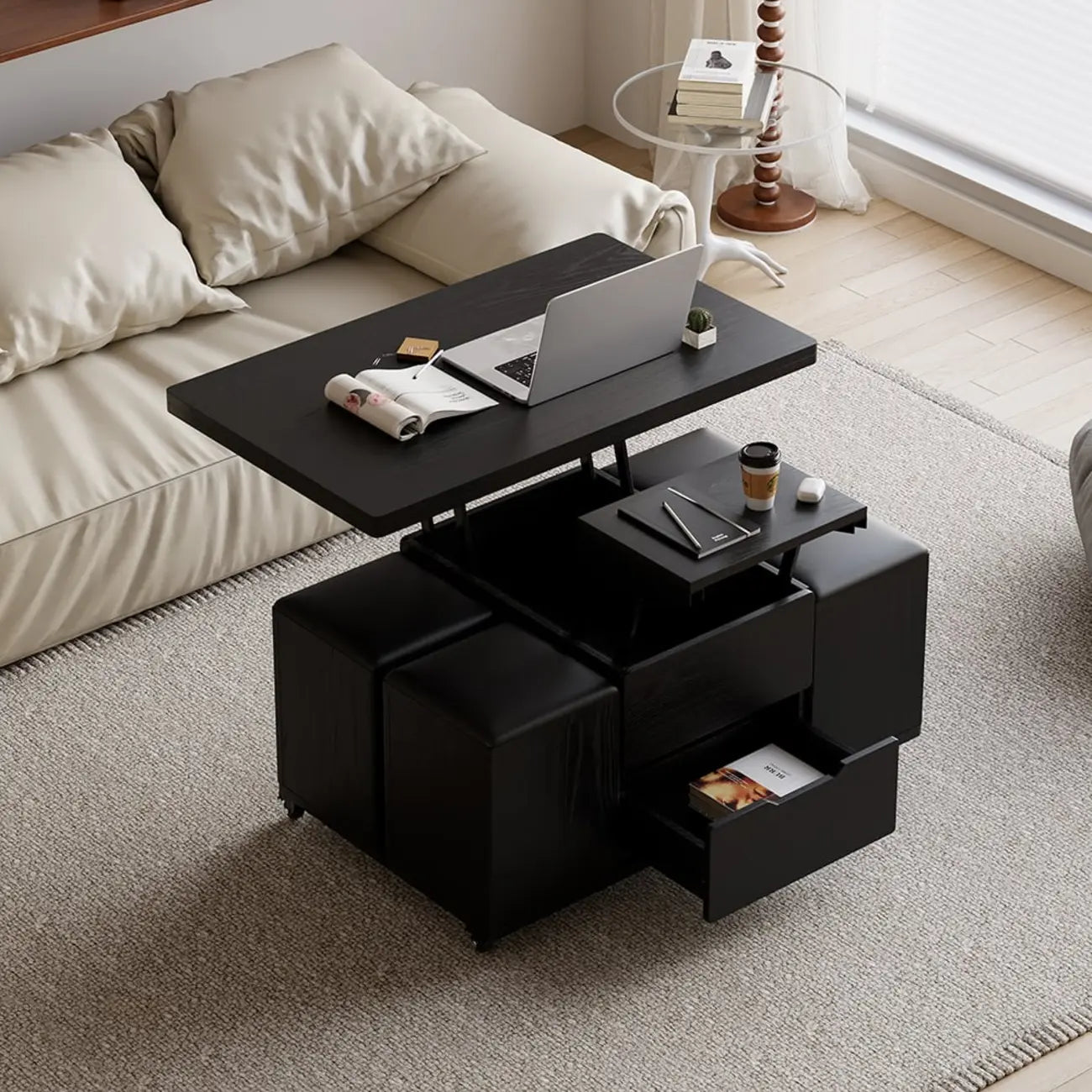 Table basse pliable à plateau relevable avec 4 tabourets et rangement