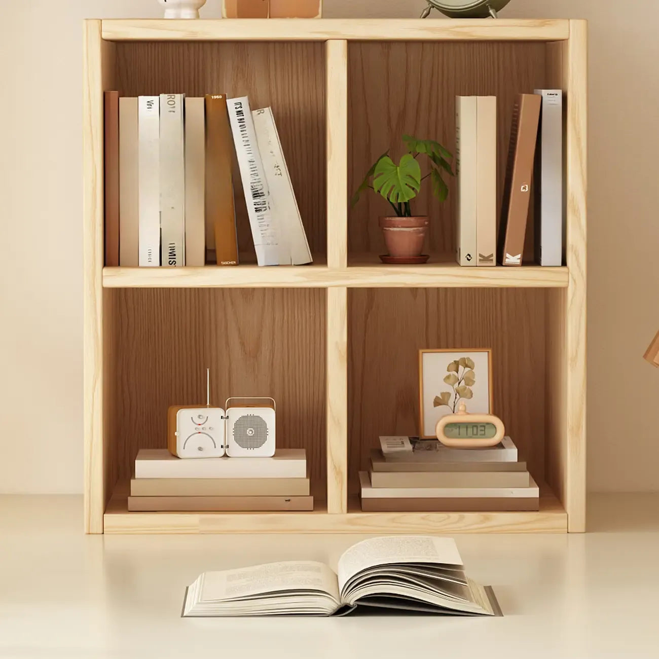 Bibliothèque horizontale moderne en bois à 8 cubes, finition naturelle