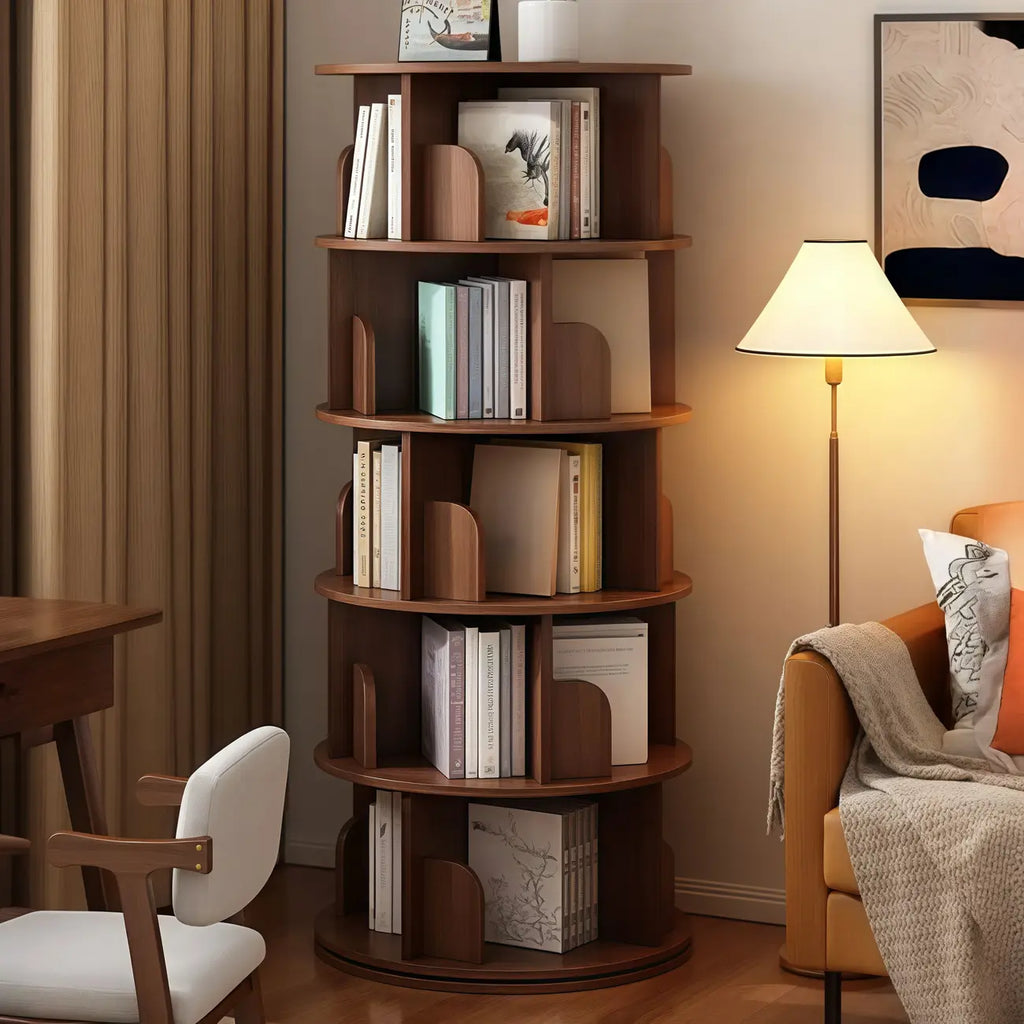 Bibliothèque cylindrique en bois marron à dos ouvert et pivotante