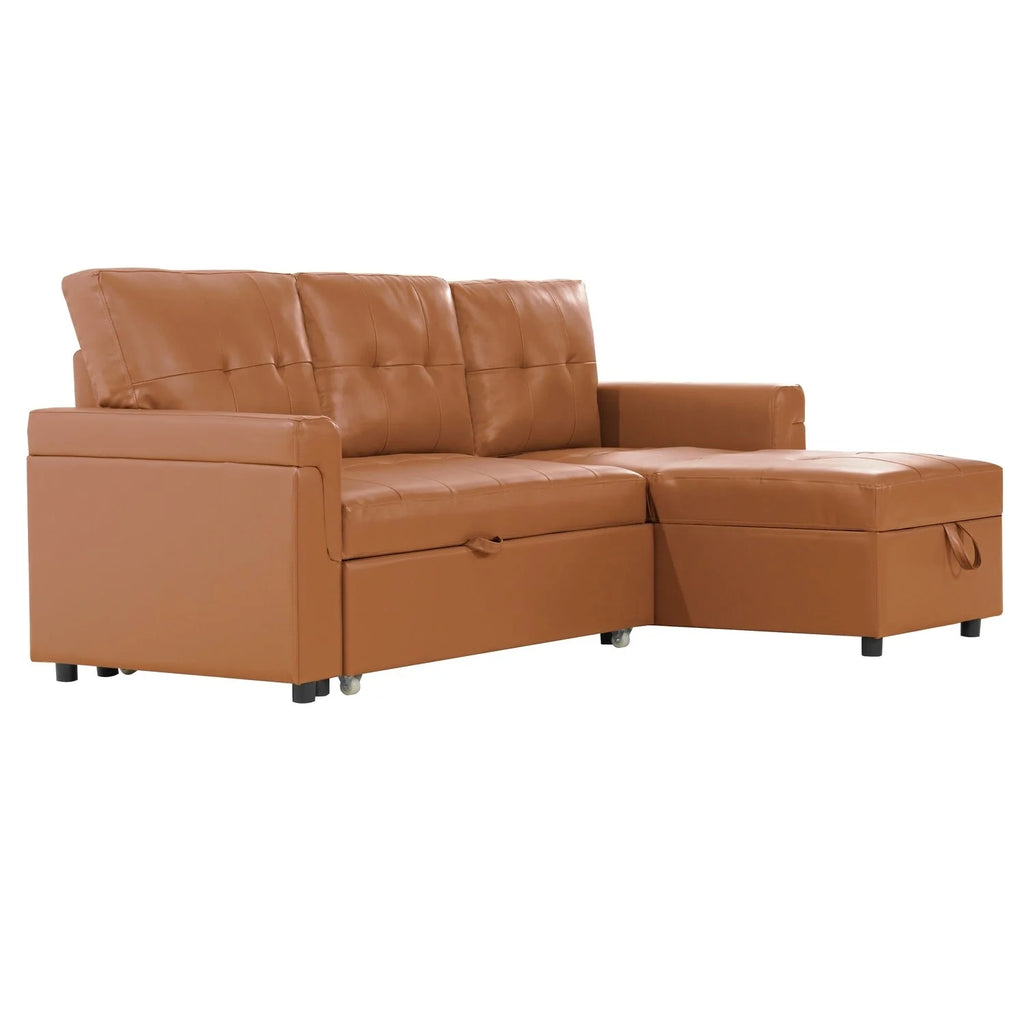 Canapé d'angle convertible et réversible avec lit gigogne, méridienne de rangement dissimulée et pieds robustes.