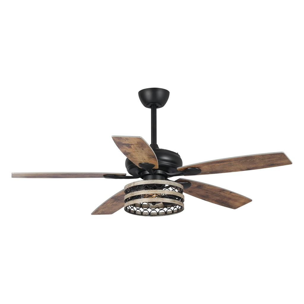 Ventilateur de plafond 5 pales noir à cage, style ferme, avec télécommande