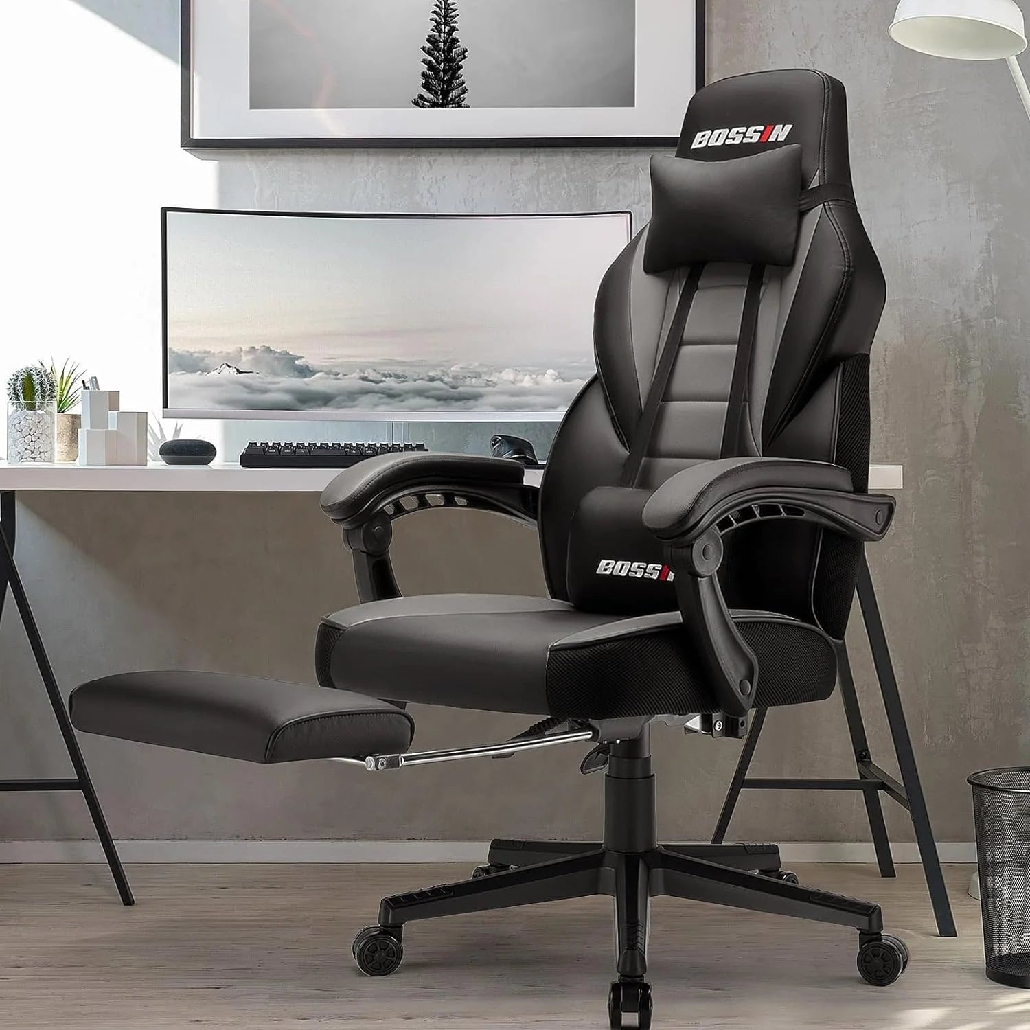 Chaise de jeu BOSSIN style racing, chaise de jeu grande taille supportant jusqu'à 136 kg (300 lbs), dossier haut, chaise d'ordinateur