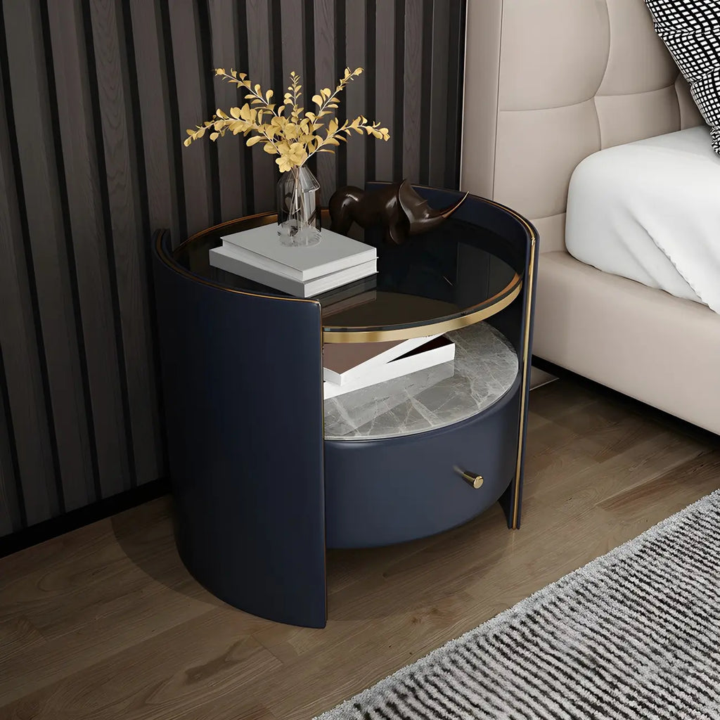 Table de chevet de luxe avec plateau en verre, tiroir de rangement et niche ouverte