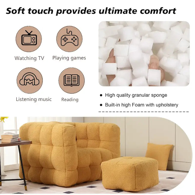 HOMEFUN Poltrona singola moderna trapuntata in Bouclé con pouf