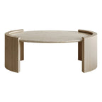 Table basse ovale en travertin Japandi à double piédestal