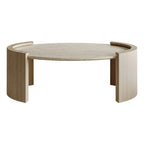 Table basse ovale en travertin Japandi à double piédestal