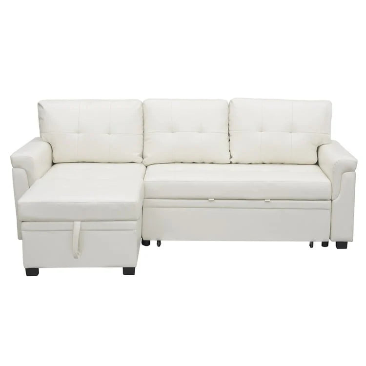 Canapé d'angle convertible et réversible avec lit gigogne, méridienne de rangement dissimulée et pieds robustes.