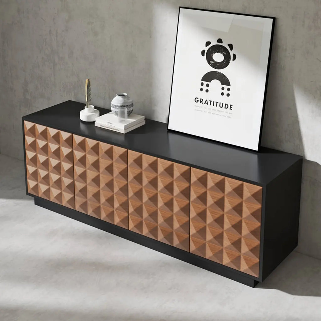 Meuble TV avec portes cannelées en bois noir et naturel pour téléviseur de 75 pouces