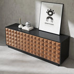 Meuble TV avec portes cannelées en bois noir et naturel pour téléviseur de 75 pouces