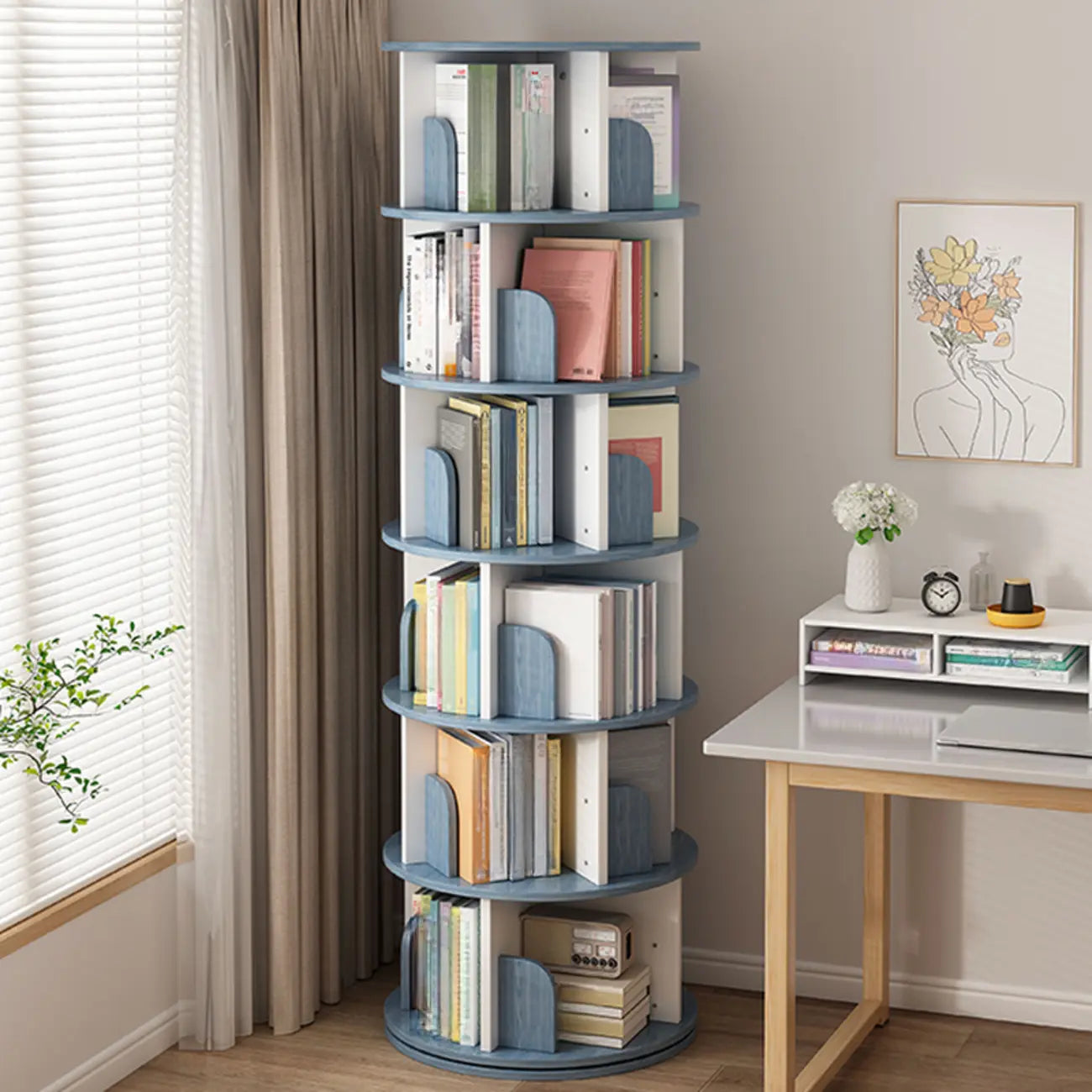 Bibliothèque cylindrique en bois marron à dos ouvert et pivotante