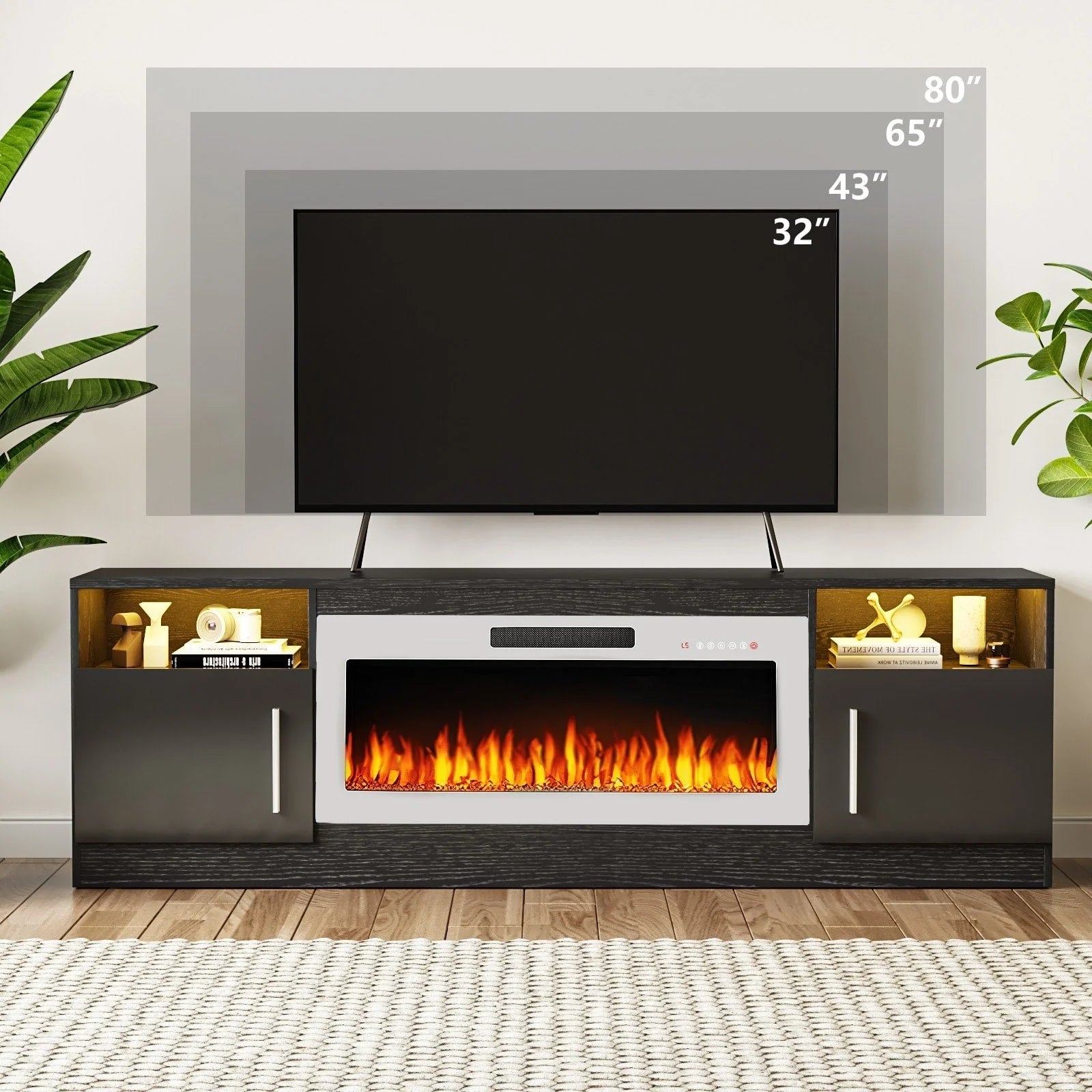 Meuble TV Bossin 70 avec cheminée électrique 36 pouces, compatible avec les téléviseurs jusqu'à 80 pouces, éclairage LED 16 couleurs/centre multimédia