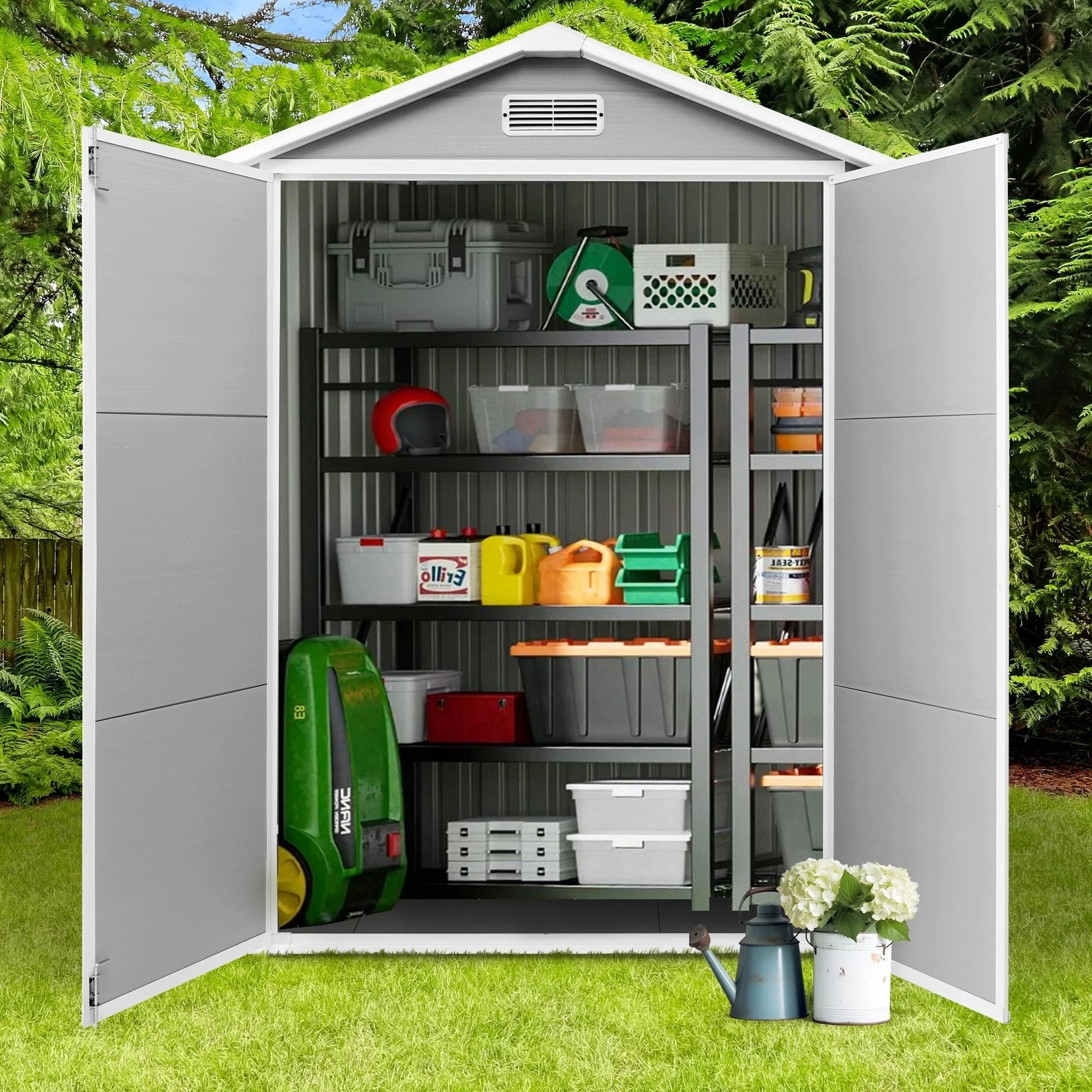 Abri de jardin en résine plastique tout temps avec plancher, dimensions : 1,83 m x 1,22 m / 1,83 m x 2,44 m / 2,44 m x 1,83 m / 2,44 m x 3,05 m.