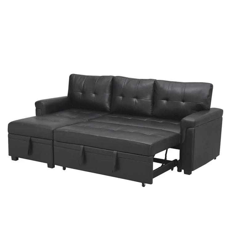 Canapé d'angle convertible et réversible avec lit gigogne, méridienne de rangement dissimulée et pieds robustes.