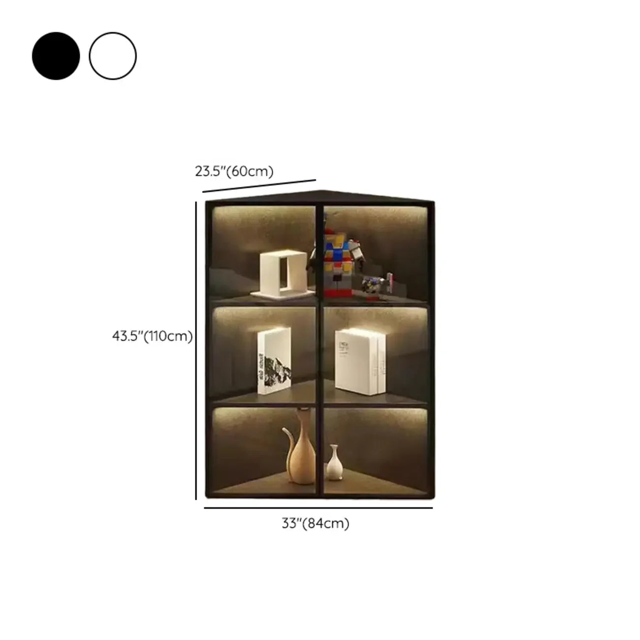 Vitrine d'angle moderne en métal gris et bois avec porte vitrée