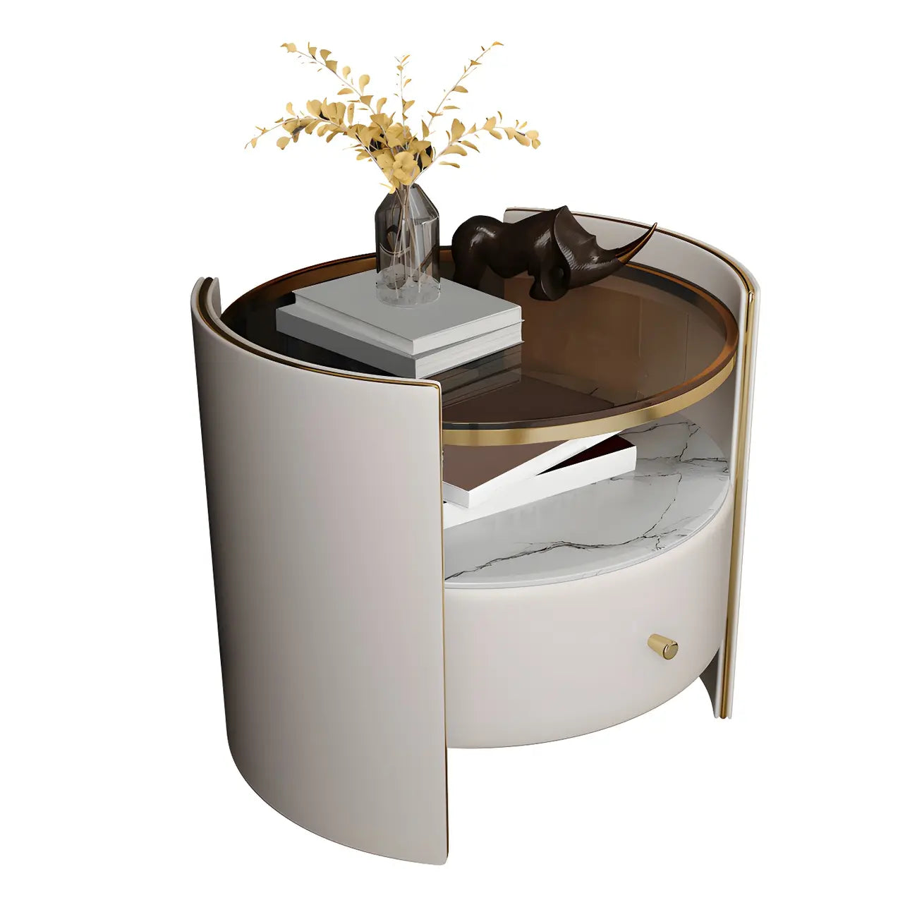 Table de chevet de luxe avec plateau en verre, tiroir de rangement et niche ouverte