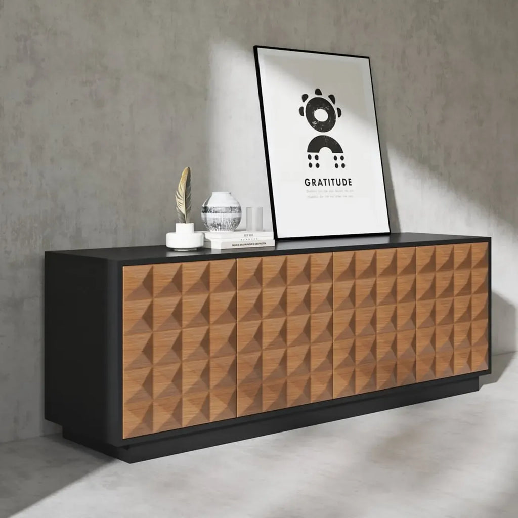 Meuble TV avec portes cannelées en bois noir et naturel pour téléviseur de 75 pouces