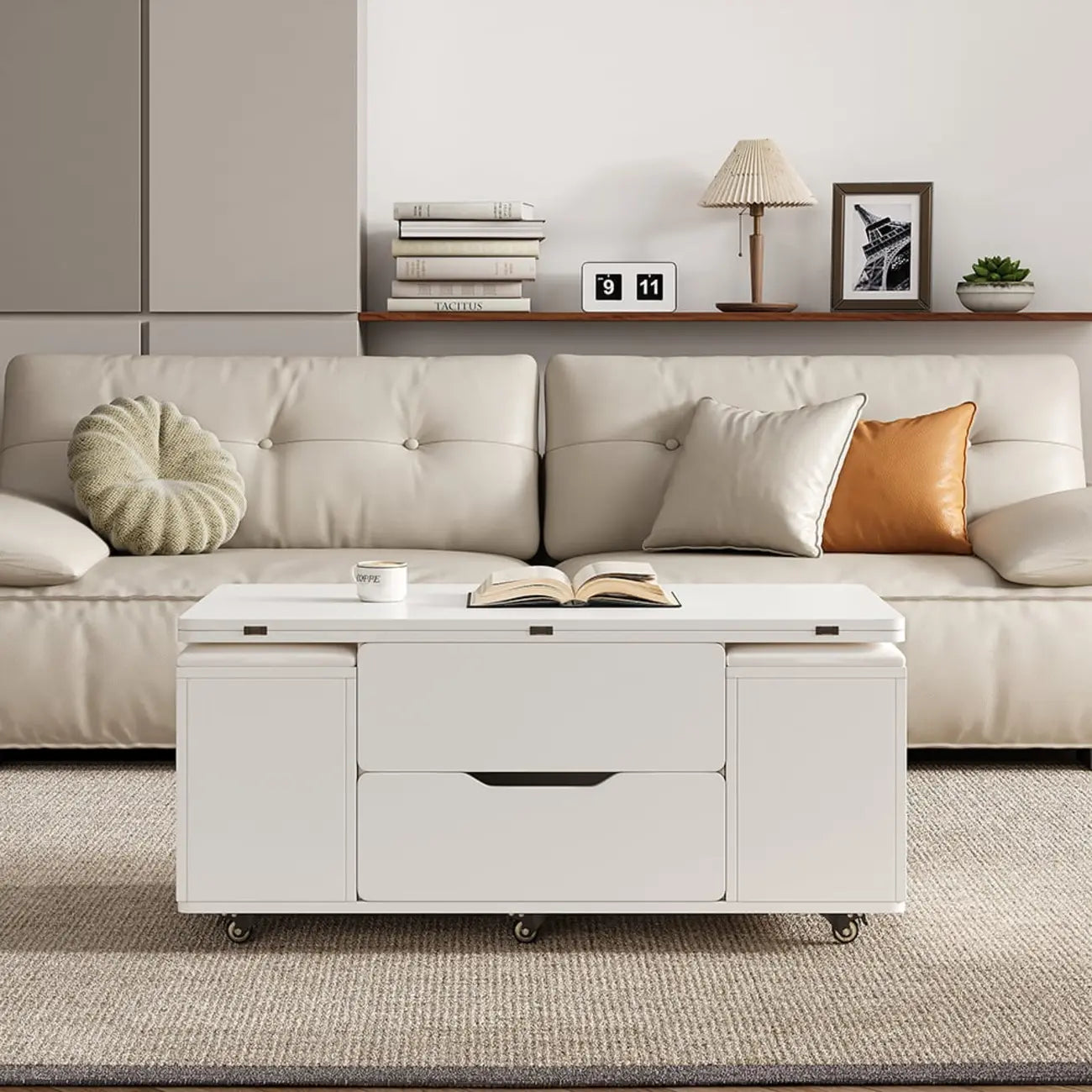 Table basse pliable à plateau relevable avec 4 tabourets et rangement
