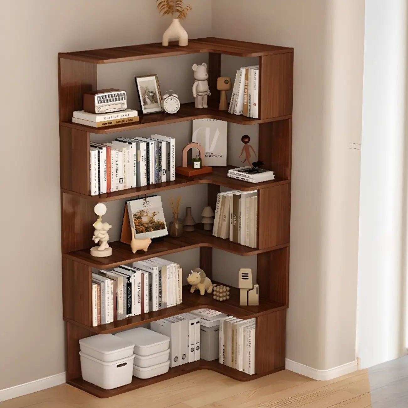 Bibliothèque d'angle en bois composite à 6 étagères