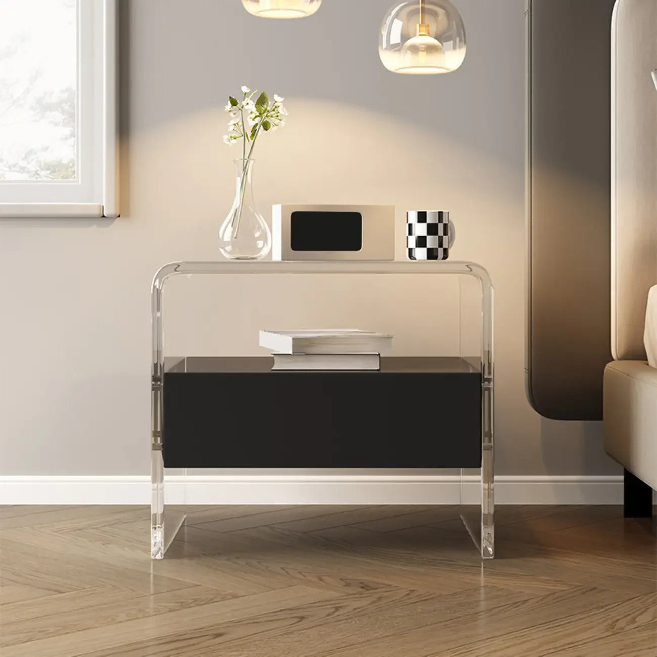 Table de chevet avec tiroir et cadre en acrylique blanc transparent