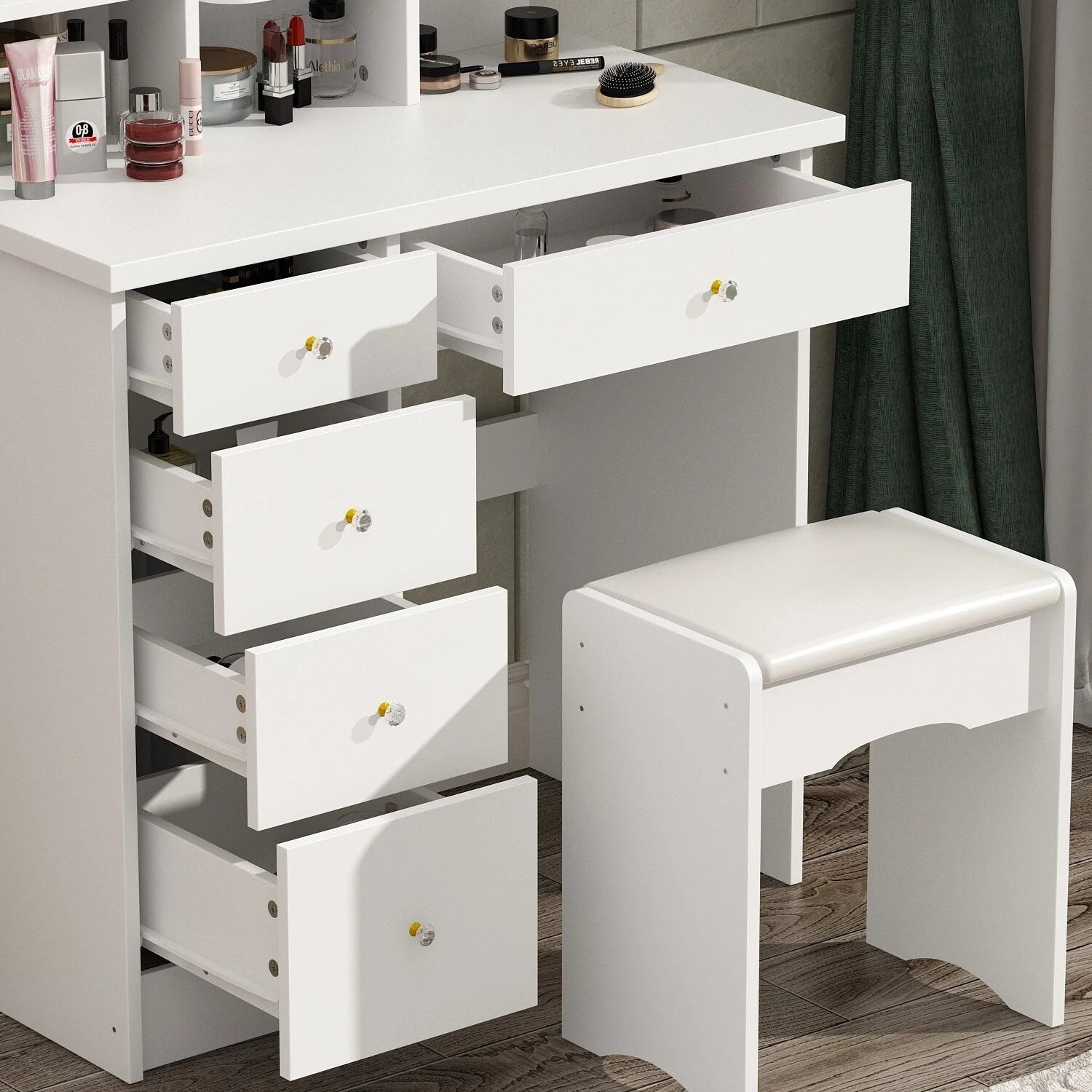 Ensemble coiffeuse avec lumière LED, miroir et tabouret