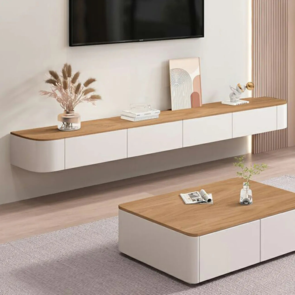 Mobile TV sospeso contemporaneo in legno bianco lungo con cassetti
