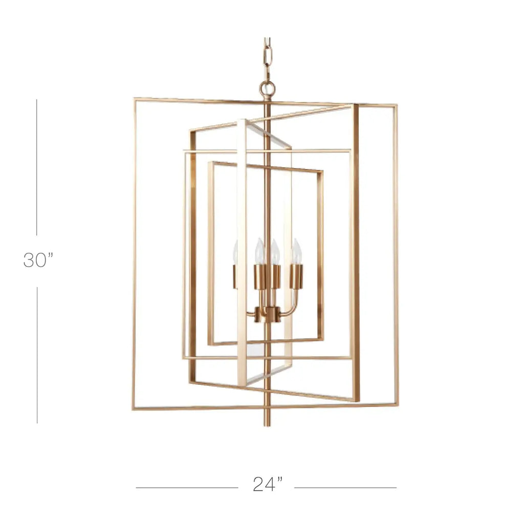 Lustre moderne rectangulaire en métal doré à structure cage