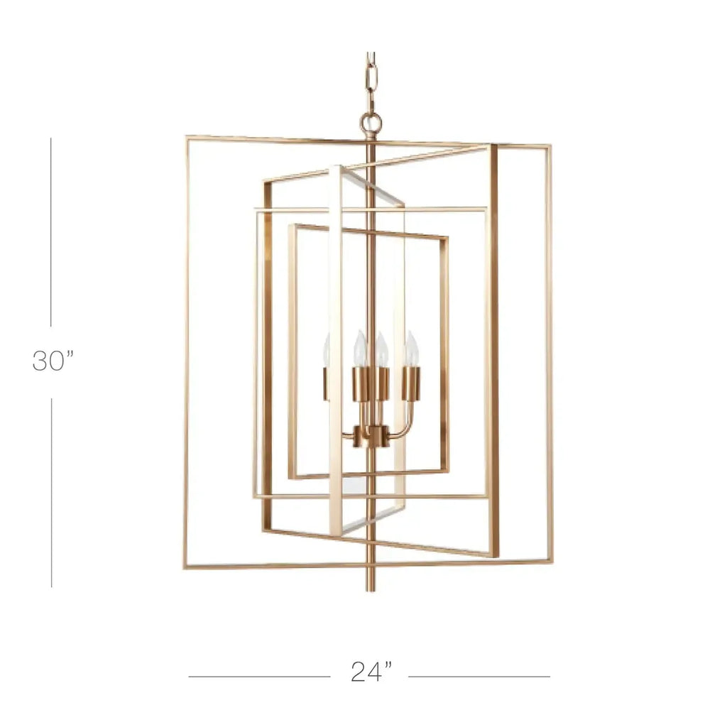 Lustre moderne rectangulaire en métal doré à structure cage