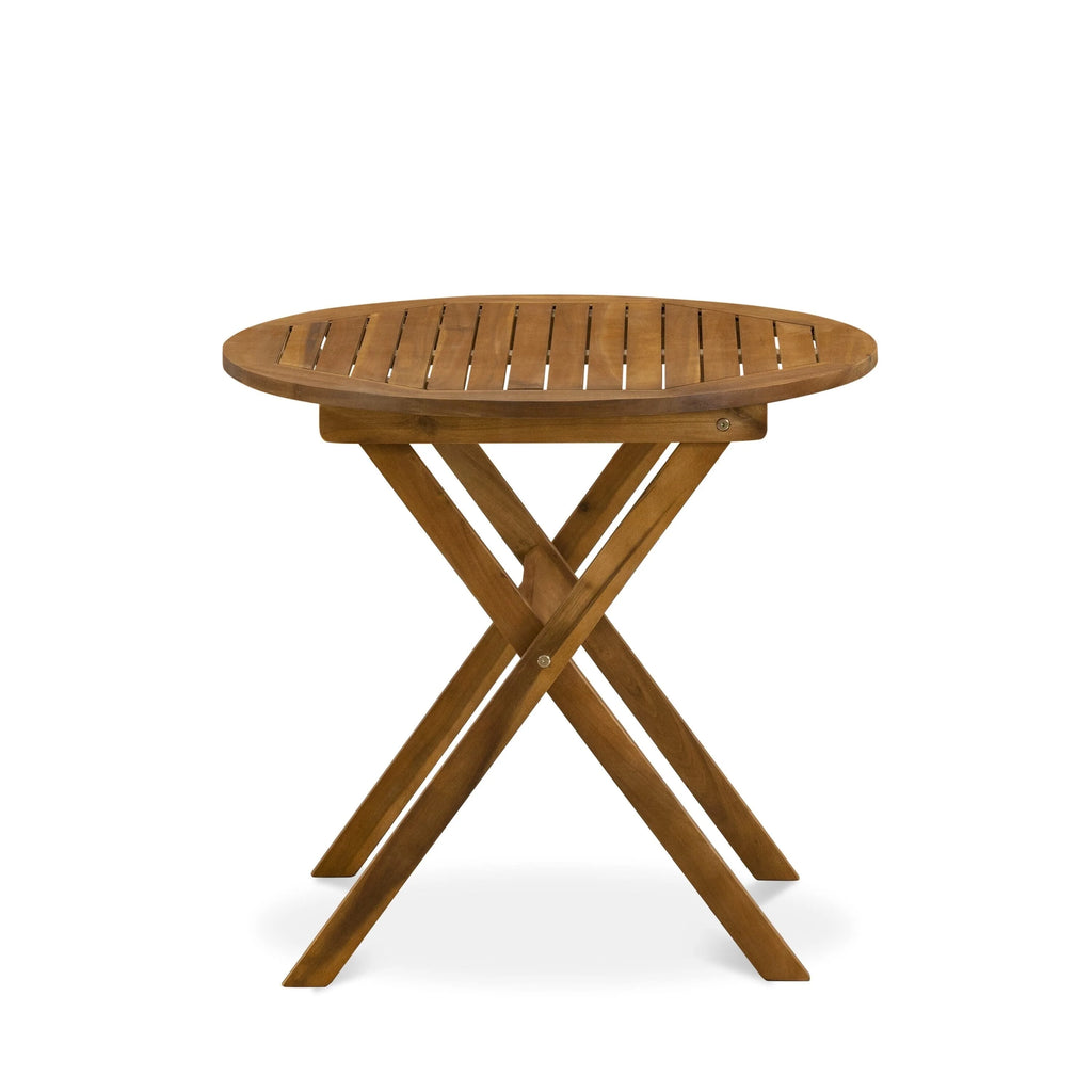 East West Furniture Ensemble Bistro de conversation d'extérieur comprenant une table basse ronde en bois et 2 chaises pliantes, Huile naturelle