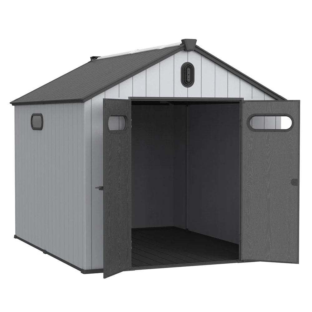 Abri de jardin en résine plastique tout temps avec plancher, dimensions : 1,83 m x 1,22 m / 1,83 m x 2,44 m / 2,44 m x 1,83 m / 2,44 m x 3,05 m.
