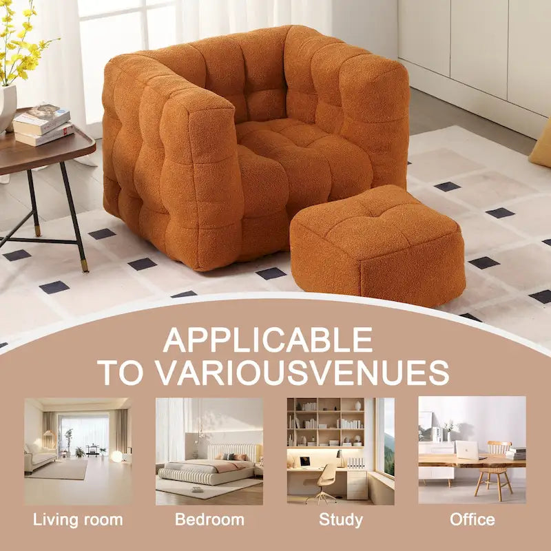 HOMEFUN Poltrona singola moderna trapuntata in Bouclé con pouf