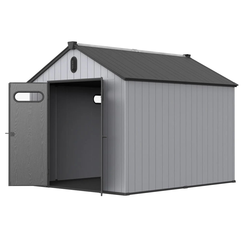 Abri de jardin en résine plastique tout temps avec plancher, dimensions : 1,83 m x 1,22 m / 1,83 m x 2,44 m / 2,44 m x 1,83 m / 2,44 m x 3,05 m.