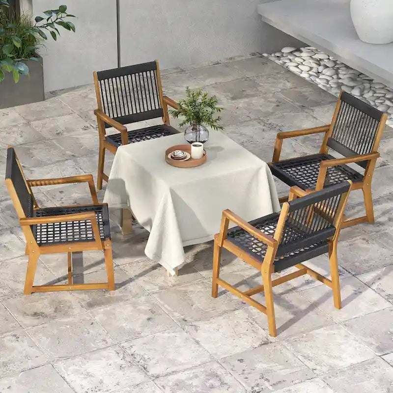 Chaises de salle à manger Gymax Patio 4 pièces en bois d'acacia Tressage de corde tout temps