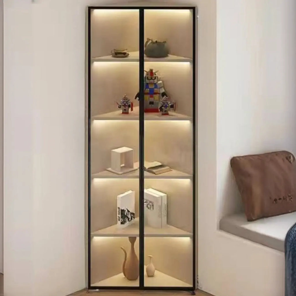 Vitrine d'angle moderne en métal gris et bois avec porte vitrée