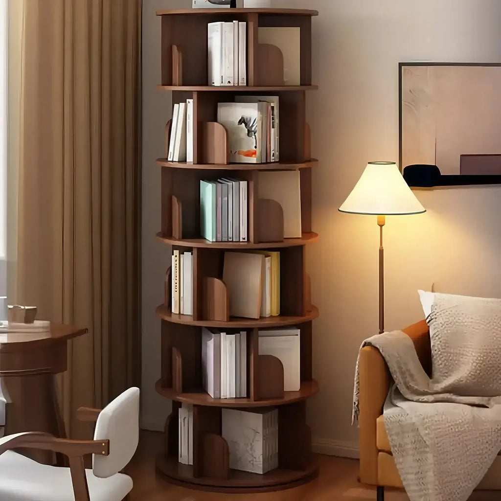 Bibliothèque cylindrique en bois marron à dos ouvert et pivotante